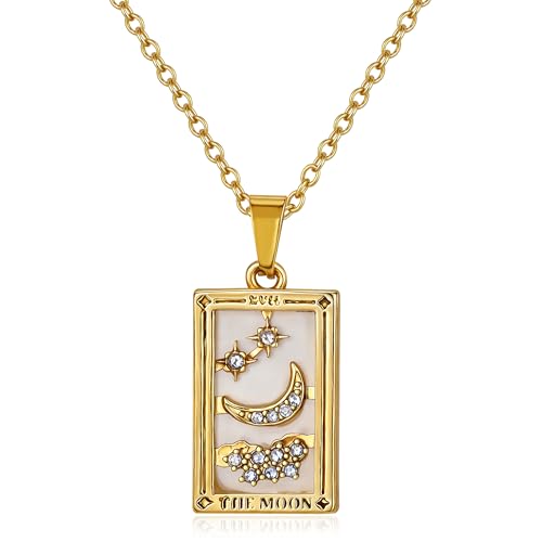 Gold Tarot Card Necklace for Women Men, Non Tarnish 18K Gold Plated Vintage Lucky Charm Square Pendant Talisman Amulet Necklaces Unisex Jewelry - style: The Moon
