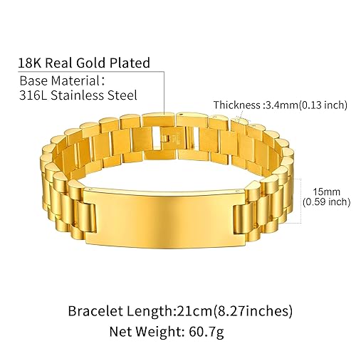 Custom Mens Bracelet Personalized Watch Band Engraved Name Bracelets for Men Customized ID Cuff Wristband Gift for Dad Husband - style: Gold - 1.5cm