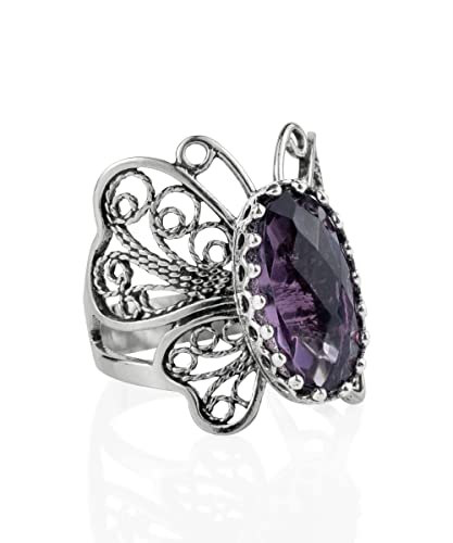 Filigranist Sterling Silver Filigree Art Butterfly Women Cocktail Ring with Gemstones - color: Amethyst