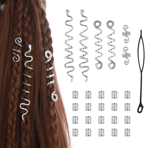 26 Pcs Silver Hair Jewelry for Braids,4 Styles Dreadlock Accessories, Adjustable Metal Hair Clips,Snake Hair Cuffs Braiding Decorations for Women - color: Silver-26pcs
