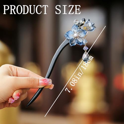 2 PCS Plum Blossom Tassel Hair Stick Blue Flower Hairpin Fashion Double Floral Hair Chopsticks Wooden Elegant Vintage Hair Pins Hair Bun Updo Holders Chinese Hanfu Hair Accessories for Women Girls