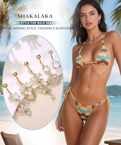 Shakalaka Dangle Belly Button Rings Piercing Jewelry for Women Surgical Stainless Steel Navel Dangly - color: Gold