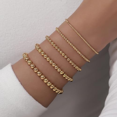 Gold Bracelets for Women 14K Gold Plated Beaded Non Tarnish Bracelets Stretch Bead Ball Bracelet Stack Set Jewelry for Gifts - color: A SET 5PC