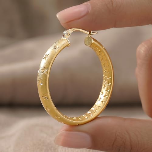 LeCalla 925 Sterling Silver Hoop Earrings for Women | 14K Gold-Plated & Rose Gold-Plated Diamond-Cut Hoop Earrings | Textured Click-Top Hoops Earring Jewelry - color: Yellow-Gold Double DC-30MM