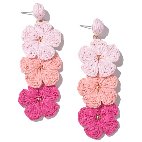 Boho Flower Earrings Statement Raffia Dangle Earrings Cute Floral Jewelry Trendy Summer Beach Vacation Outfits for Women - color: Pink