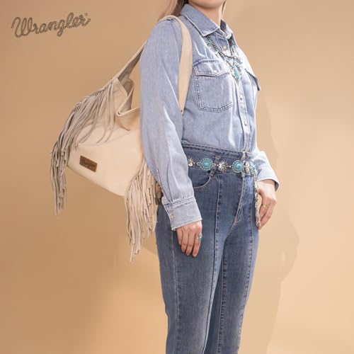 Wrangler Fringe Suede Hobo Bag for Women Leather Western Fringe Purse Tassel Hippie Shoulder Bag - color: Beige