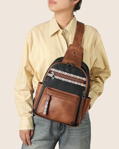 FADEON Large Sling Bag for Women, Leather Crossbody Purse Designer Anti Theft Sling Backpack, RFID Fanny Packs for Travel - color: Retro Black With Brown