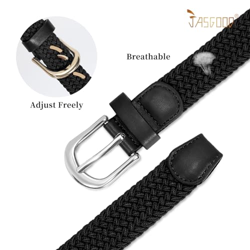 JASGOOD 2 Pack Braided Belts for Women, 1'' Narrow Width Elastic Woven Stretch Fabric Cloth Belts with Gold Buckle - color: E-black+black, size: Fit Size 33"-36"