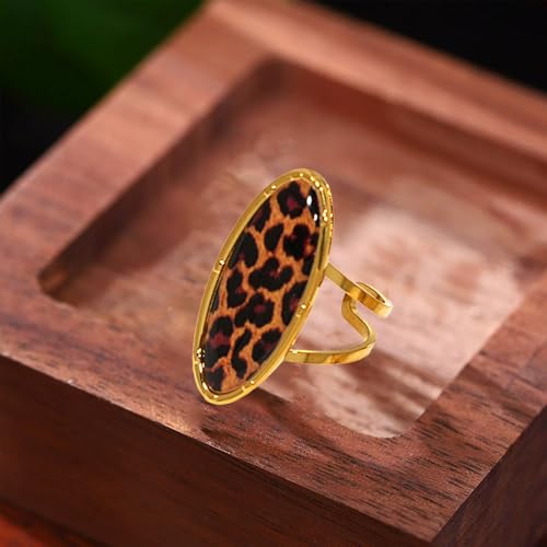 Boho Leopard Print Gold-Tone Statement Ring for Women Trendy Vintage Geometry Oval Adjustable Ring Unique Open Band Comfort Fit Punk Style 80/90s Costume Jewelry Y2K Cocktail Party Prom Accessories