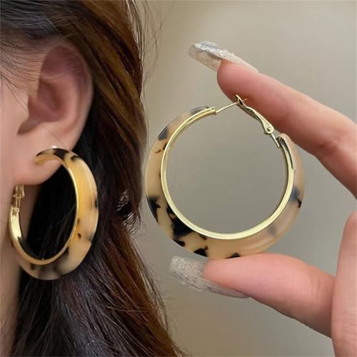 Boho Acrylic Hoop Earrings Bohemian Statement Colorful Acetate Lucite Tortoise Shell Resin Geometric Big Lightweight C Open Hoops Earrings for Women Prom Party Holiday Fashion Jewerly Gifts - color: Gold leopard