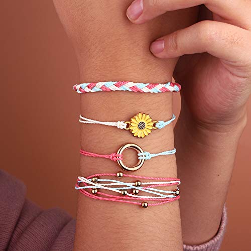 FANCY SHINY Easter Gifts Basket Stuffers Sunflower String Bracelet Boho Braided Rope Wrap Bracelets Cute Summer Beach Surfer Jewelry for Women - color: Rouge