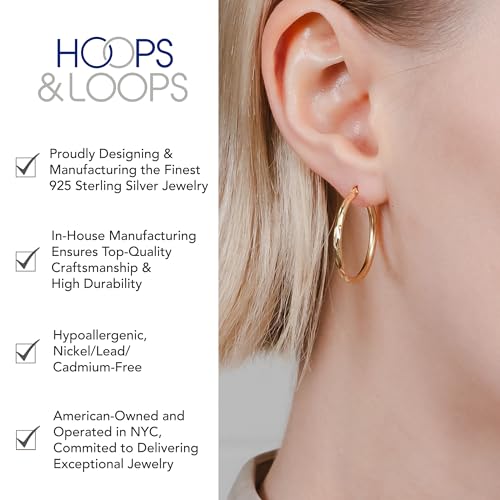 Hoops & Loops 925 Sterling Silver Diamond-Cut Hoop Earrings for Women, 2mm Textured Lightweight Click Top Hoops, 15mm 20mm 25mm 30mm, Silver 14k Yellow Gold & Rose Gold Flash Plated - color: Gold - 25mm (1'')