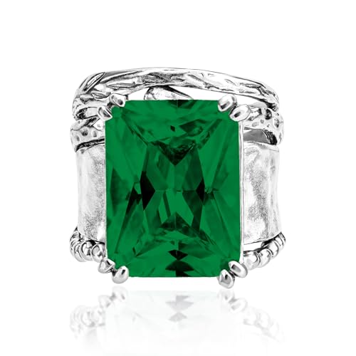 JEAN RACHEL JEWELRY 925 Sterling Silver Ring - Hammered Vintage Design with Octagon Shaped Cubic Zirconia - Hypoallergenic, Lead & Nickel Free - Artisan Handcrafted Statement Rings for Women - color: Emerald CZ