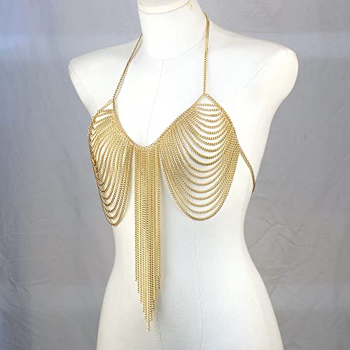 Chran Summer Beach Bra Top Chain Sexy Bikini Accessories Body Chains for Women Golden Necklace Party Jewelry - style: gold