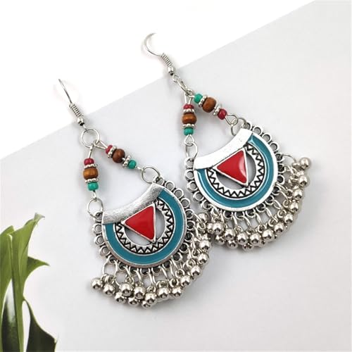 Vintage Boho Statement Drop Dangle Earrings for Women Bohemian Ethnic Handmade Beaded Charms Earring Bohemian Retro Chandelier Tassel Earrings Mexico Gypsy Jewelry Gift - color: Silver Red Triangle