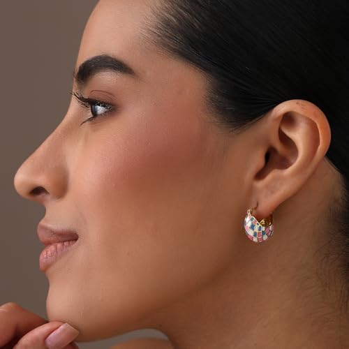 LeCalla 925 Sterling Silver Hoops Earrings | Hollow-Puff Shrimp Earring Hoops | Women's Gold-Plated Jewelry | Lightweight Electroforming Hoop Earring Jewelry for Birthday - style: Enamel Patchwork