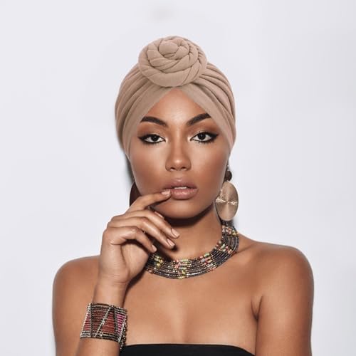 African Women Turban Caps Pre-Tied Twisted Turbans Head Scarf for Women Hair Wraps Cover Beanie Cancer Chemo Headwear - color: 1 Pack Twisted Braid Flower: Camel