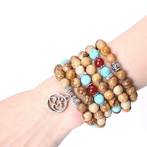108 Mala Beads Necklace 7 Chakra Buddhist Prayer Beaded Bracelet Tree of Life Pendant Stone Yoga Necklace - color: Picture Jasper