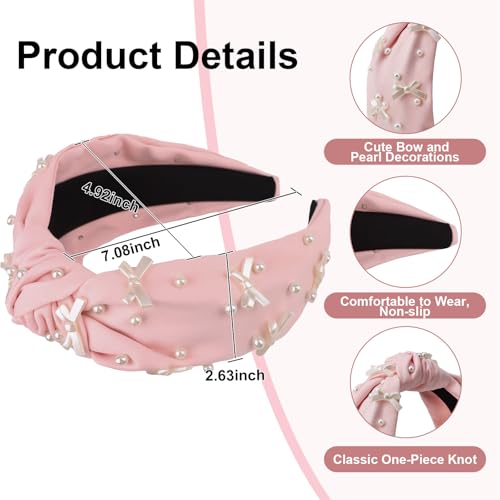Pink Headband Bow Pearl Knotted Headbands for Women Girls Cute Fashion Wide Headbands for Women Non Slip Hairbands Head Bands for Women's Hair Bow Hair Accessories - color: Pink-02