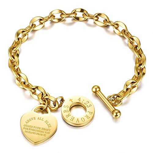 Emibele Heart Charm Bracelet for Women, Bible Verse Bracelet Stainless Steel 18K Gold Plated Bracelet Love Pendant Link Chain OT Clasp, Birthday Christmas Jewelry Gift for Mother Her - color: Gold