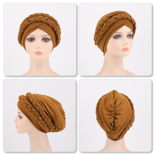 African Women Turban Caps Beanie Pre-Tied Twisted Braids Headwraps for Women Head Scarf Chemo Cancer Headwear Cap - color: 3 Pack Twisted Braid: White/Brown/Black