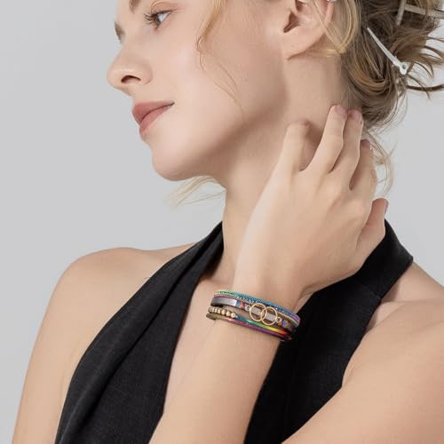 FANCY SHINY Boho Leather Wrap Bracelet Stackable Infinity Chunky Cuff Bracelets Western Hippie Outfits Jewelry Valentine Gifts for Women - color: Rainbow