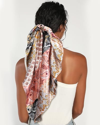 AWAYTR 35” Satin Head Scarf for Women Like Silk Scarf for Hair Scarf Satin Hair Bandana Women Headscarf Hair Wrap Scarf Neck - color: Cashew - Pink + Orange