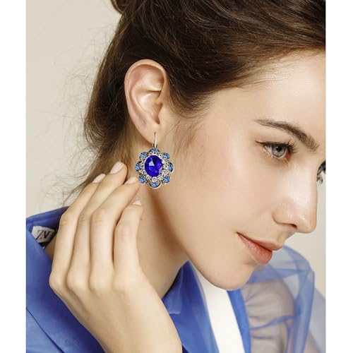 Handmade Bohemian Vintage Gold Sparkly Crystal Round Flower Leverback Earrings Cute Rhinestone Geometry Dangle Drop Earring for Women - color: White Blue