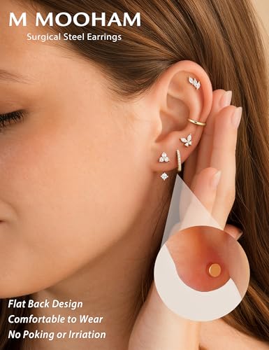 M MOOHAM Flat Back Earrings Stack for Women, Hypoallergenic 14K Gold-Plated Flatback Stud Hoop Cartilage Earring Set Trendy Multiple Conch Tragus Helix Piercing Jewelry Gifts