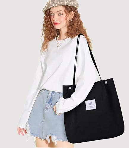 Corduroy Tote Bag for Women Small Canvas Shoulder Purse Cord Handy Bag with Inner Pocket | with Front Pocket - color: 02 Black