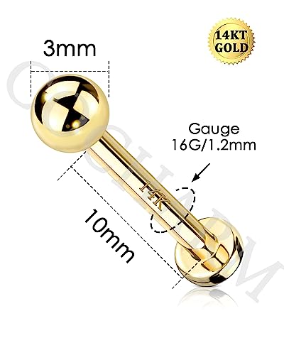 COCHARM 14k Solid Gold 16g Labret Studs Real Yellow Gold Medusa Monroe Madonna Stud Lip Piercing Helix Cartilage Conch Earring Stud - color: Yellow Ball-10mm
