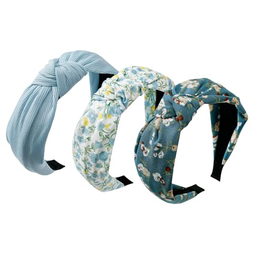3-Piece Top Knotted Floral Pattern Headbands for Women & Girls, Cute Flower Print Knot Headband, Non Slip Fashion Hair Bands Hairbands (Blue) - color: Blue