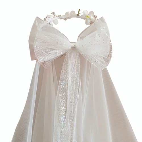 Artificial Flower Crown Headband for Women Girls – Boho Floral Wreath Halo for Weddings, Photoshoots, Festivals, Birthdays, and Costume Parties (White Flower Bowknot, Adjustable) - color: White Flower Bowknot