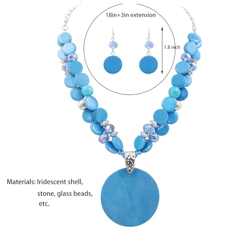 Layered Beads Statement Fashion Necklace Chunky Jewelry Set Big Colorful Glass Stone Circle Shell Pendant Choker Necklace and Earring Set for Women - color: light blue