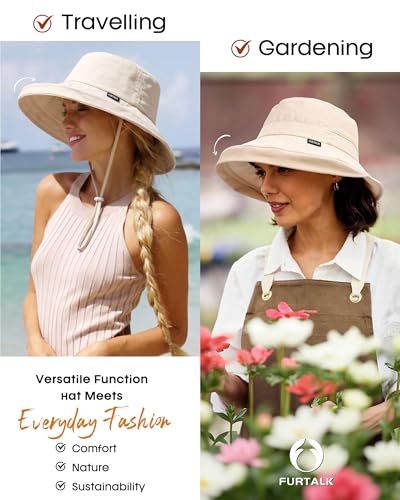 FURTALK Sun Hats for Women Wide Brim Ponytail Beach Sun Protection Hat with Fold-Up Brim Bucket Hat - color: Beige