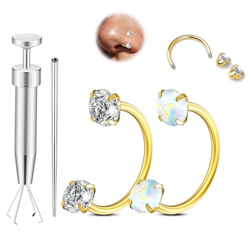 Opal Nose Ring Studs Horseshoe Nose Rings Hoops Stud 316L Stainless Steel Nose Rings Round CZ Square Screw L Shaped Nose Stud Hypoallergenic Nostril Piercing Jewelry for Women Men - color: Gold/3.0mm White gem/20gauge