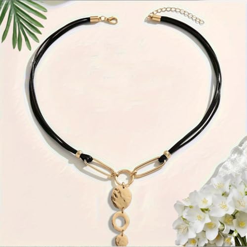 Trendy Retro 14k Gold Round Coin Disc Black Rope Necklace for Women, Vintage Chunky Long Coins Paperclip Drop Y Necklaces Prom Y2k Party Jewelry Gifts