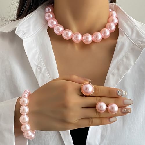 Chunky Beads Jewelry Set Boho Large Simulated Pearl Statement Colorful Beaded Necklace Bracelet Earrings Ring Set Holiday Party Bride Outfit for Women - color: Pink