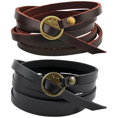 2PCS 2 Colors Vintage Punk Wristlet Bangle Genuine Leather Stackable Cuff Trendy Western Wrap Bracelets Wristband Adjustable Boho Layered Bracelet for Men Women Handmade Jewelry - color: black,brown