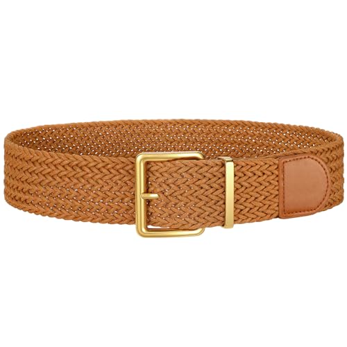 WHIPPY Women Wide Woven Belt Fashion Boho Rattan Braided Belt with Gold Buckle Raffia Straw Woven Waistband for Dresses - color: Brown, size: Fit Waist Size 39"-43"