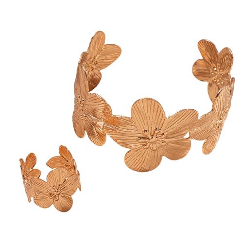 Boho Open Bracelet Ring Set for Women Black and Gold Jewelry Set Oval Cuff Bracelet Adjustable Ring Vintage Jewelry - style: V-Gold