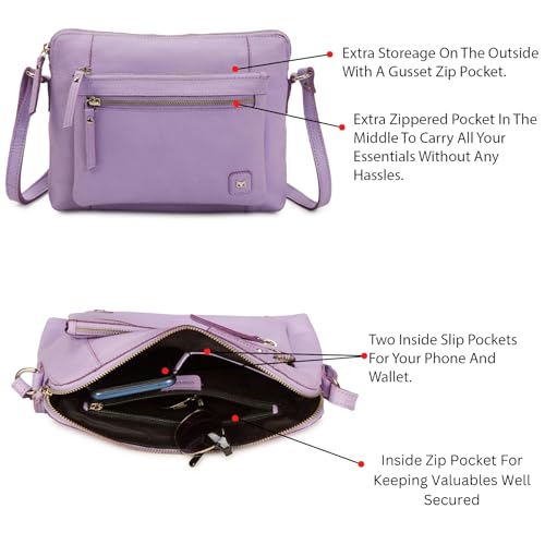 Leather Crossbody Bags for Women Small Soft Genuine Pebbled Sling Shoulder Handbag Crossover Purse with Full Adjustable Strap (Lavender Nappa) - color: Lavender Nappa