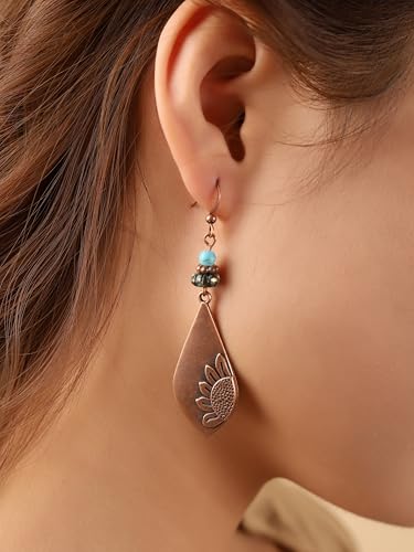 MINACHI Boho Antique Copper Tone Sunflower Teardrop Dangle Drop Earrings for Women with Turquoise Beads, Vintage Rustic Statement Jewelry Gift