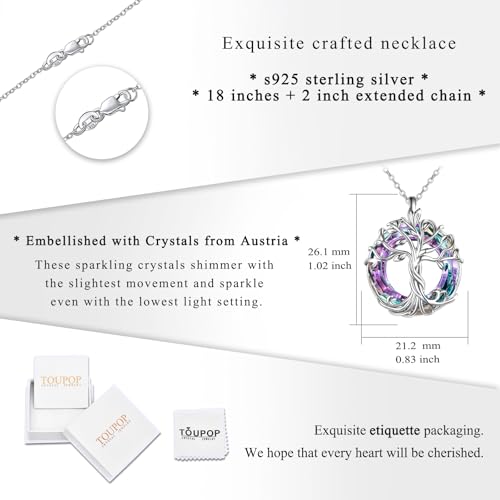 TOUPOP Tree of Life Necklace Gifts for Women 925 Sterling Silver Family Tree Pendant with Crystal Birthday Irish Jewelry Gifts for Women Her Wife Mom - color: 01-White Gold-Purple Crystal