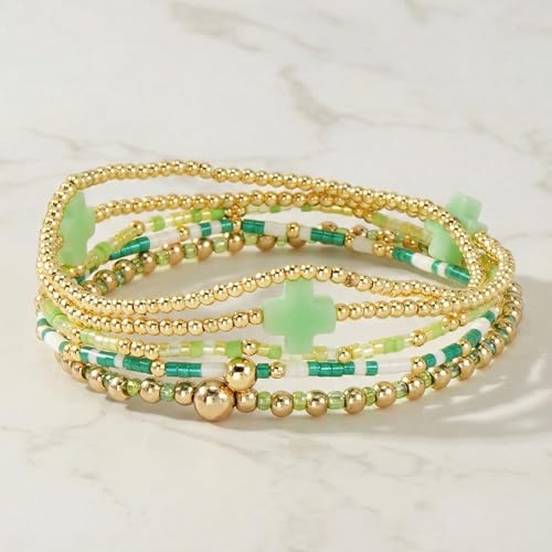 Gold Beaded Cross Bracelet for Women, 14K Plated Adjustable Stackable Dainty Bracelets, Non Tarnish Fashion Jewelry Set Gifts for Women Birthday Friendship - color: Colors-1