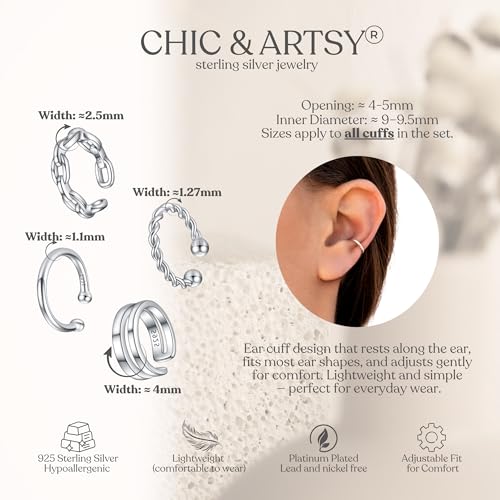 CHIC & ARTSY 925 Sterling Silver Ear Cuffs for Women, Non Piercing Clip On Cartilage Cuffs, Adjustable Fake Conch & Helix Earrings, Gold Plated & Oxidized Various Styles - color: ear cuff #6