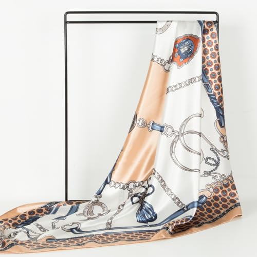 RIIQIICHY Head Scarf for Women Like Silk Scarf Hair Scarf Printed Square Scarf Bandanas for Women 35 Inches - color: Beige/Blue