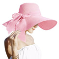 Lanzom Womens 5.7 Inches Big Bowknot Straw Hat Large Floppy Foldable Roll up Beach Cap Sun Hat UPF 50+ - color: Pink