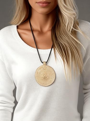 PU Leather Necklace Vintage Boho Style Multilayer Pendant Long Sweater Necklace Jewelry for Women Men with Adjustable Leather Cord - color: Gold Unique Round Pendant Necklace