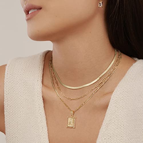 KissYan Gold Layered Necklace Set for Womens, 14K Gold Plated Initial Letter Pendant Necklaces Paperclip Snake Choker Alphabets from A-Z Figaro Chain Jewellery Gift - color: 3PCS, style: E